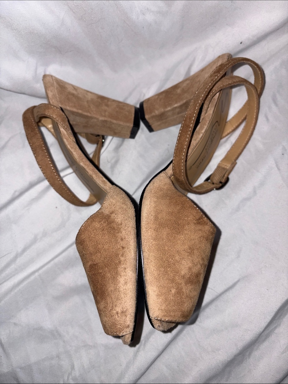 Newport News Easy Style Tan Suede Leather Peep Toe Ankle Wrap Heels size 7.5